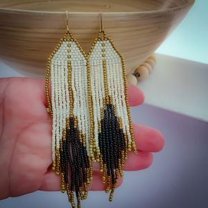 Long beaded fringe earrings BOHO 70s glam style handmade